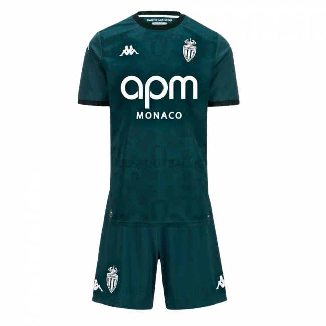 Kit infantil completo do Mônaco, camisa e shorts cor verde-petróleo escuro com escudo, logos Kappa e patrocínio apm Monaco.