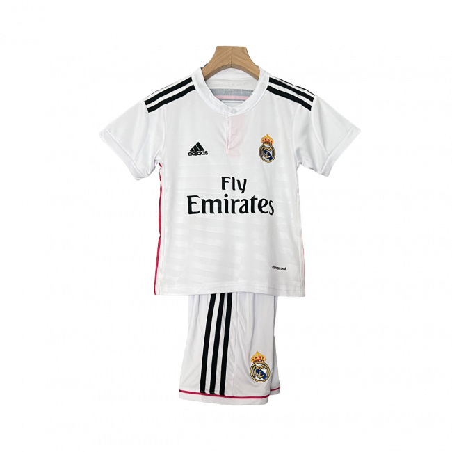 Camisa infantil retrô do Real Madrid I 14/15. Estilo e nostalgia para os fãs. Compre agora!